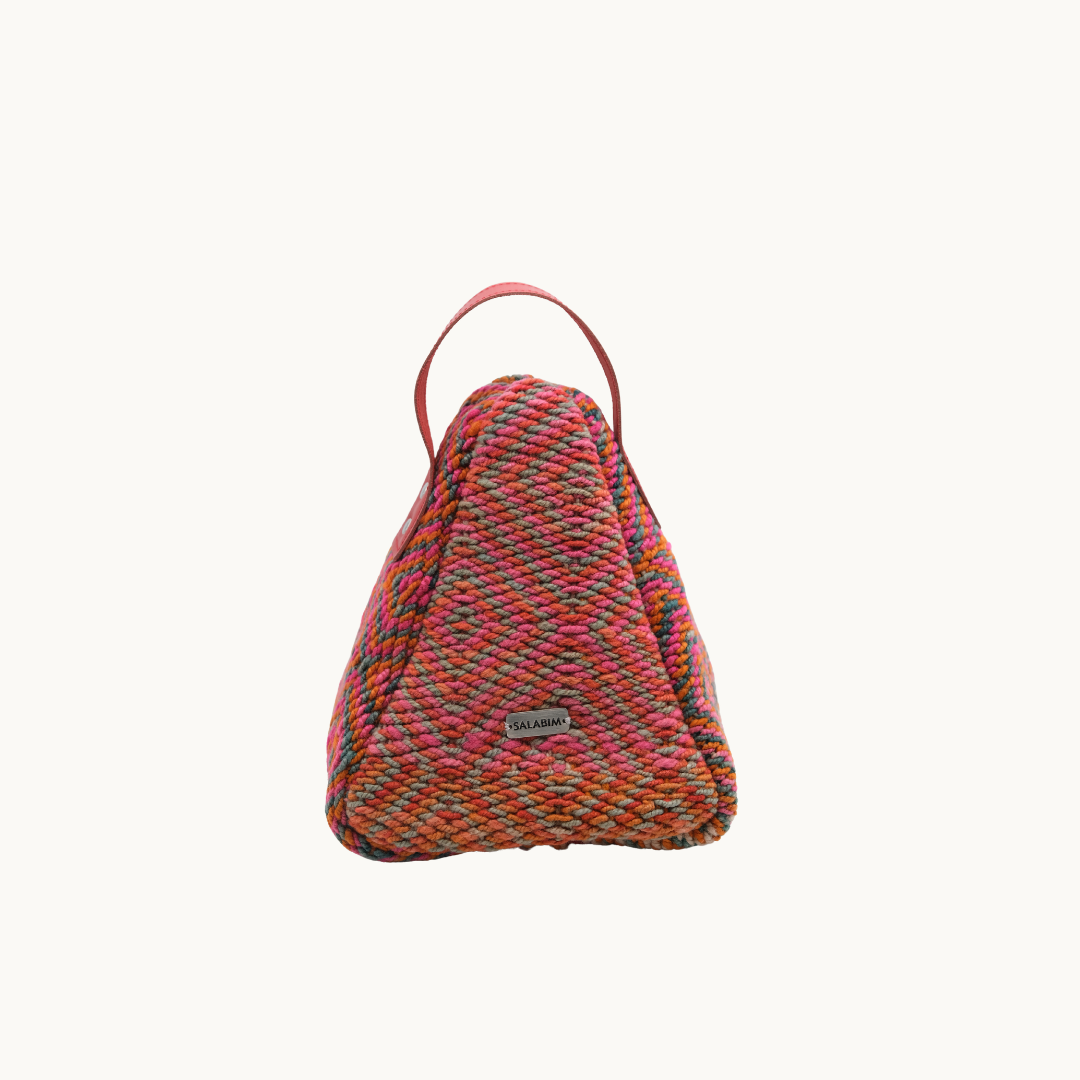 Salabim weighted door stop in coral and orange diamond weave with a coral leather loop, front view #color_Coral Diamond