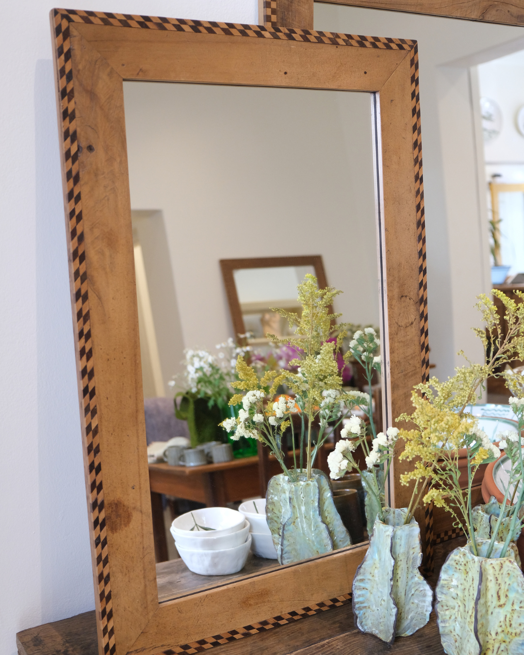 Allan Lutge Yellowwood Mirror Slanted Checkered Marquetry Border