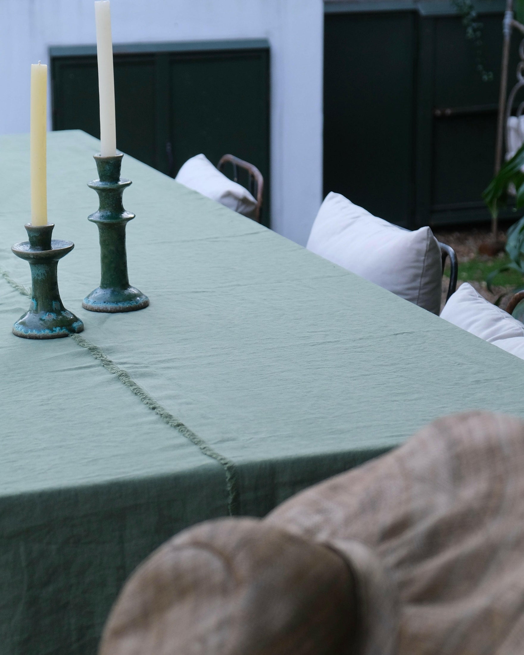Belgian Linen Raw-edged Tablecloth in Moss Green Mantra Living