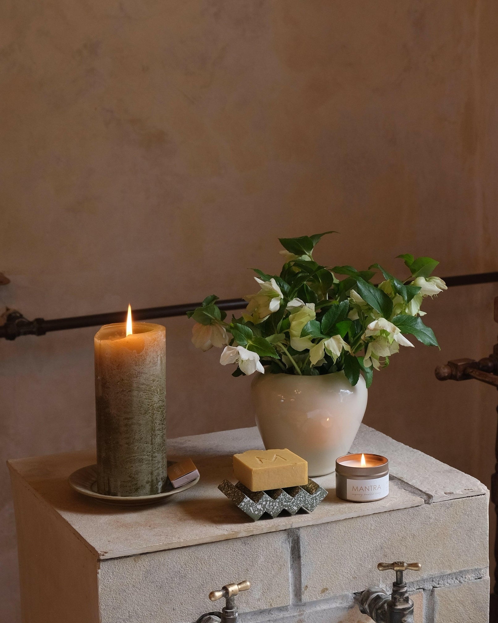 Frosted Pillar Candle Mantra Living