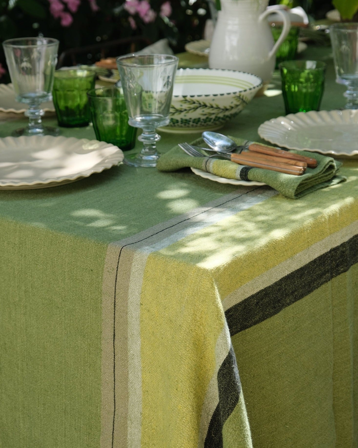 Verdant Stripe Linen Tablecloth