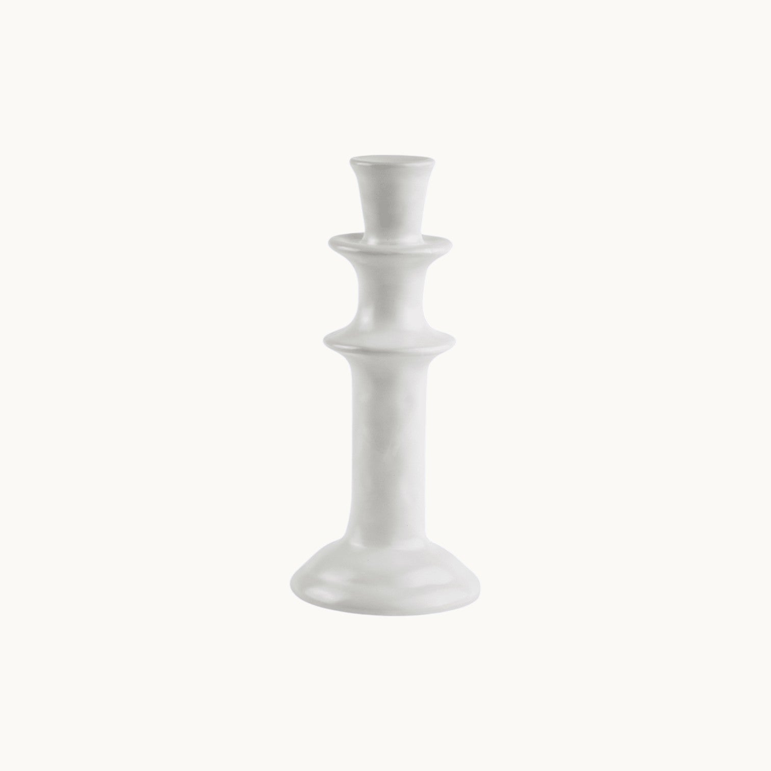 Mantra Living Tall Tiered Candle Holder in bone white, turned ceramic with stacked tiers along the stem. #Color_Bone White