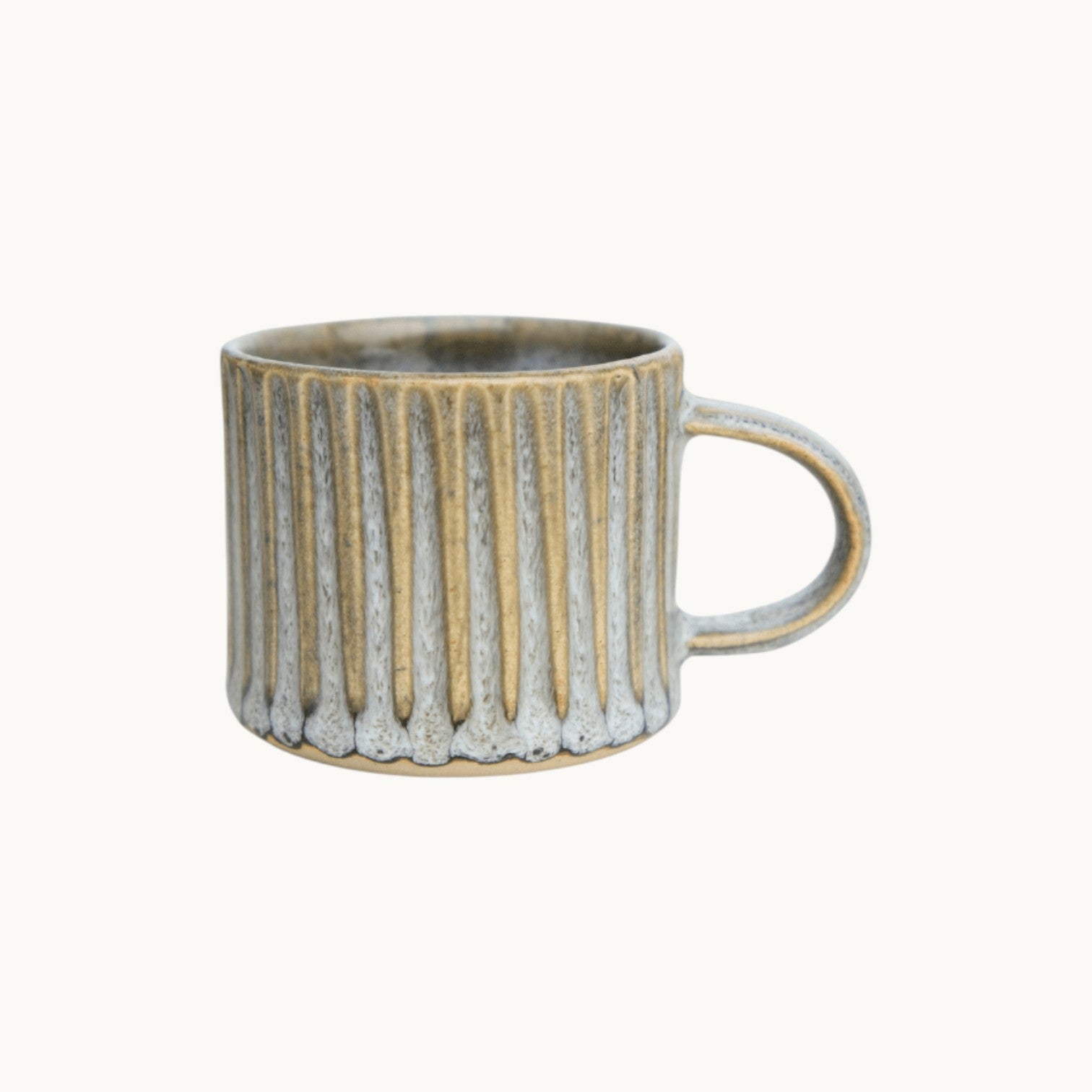 MANTRA LIVING wheel-thrown espresso mug in antique slate glaze with a hand-fluted ridged surface. #Color_Antique Slate