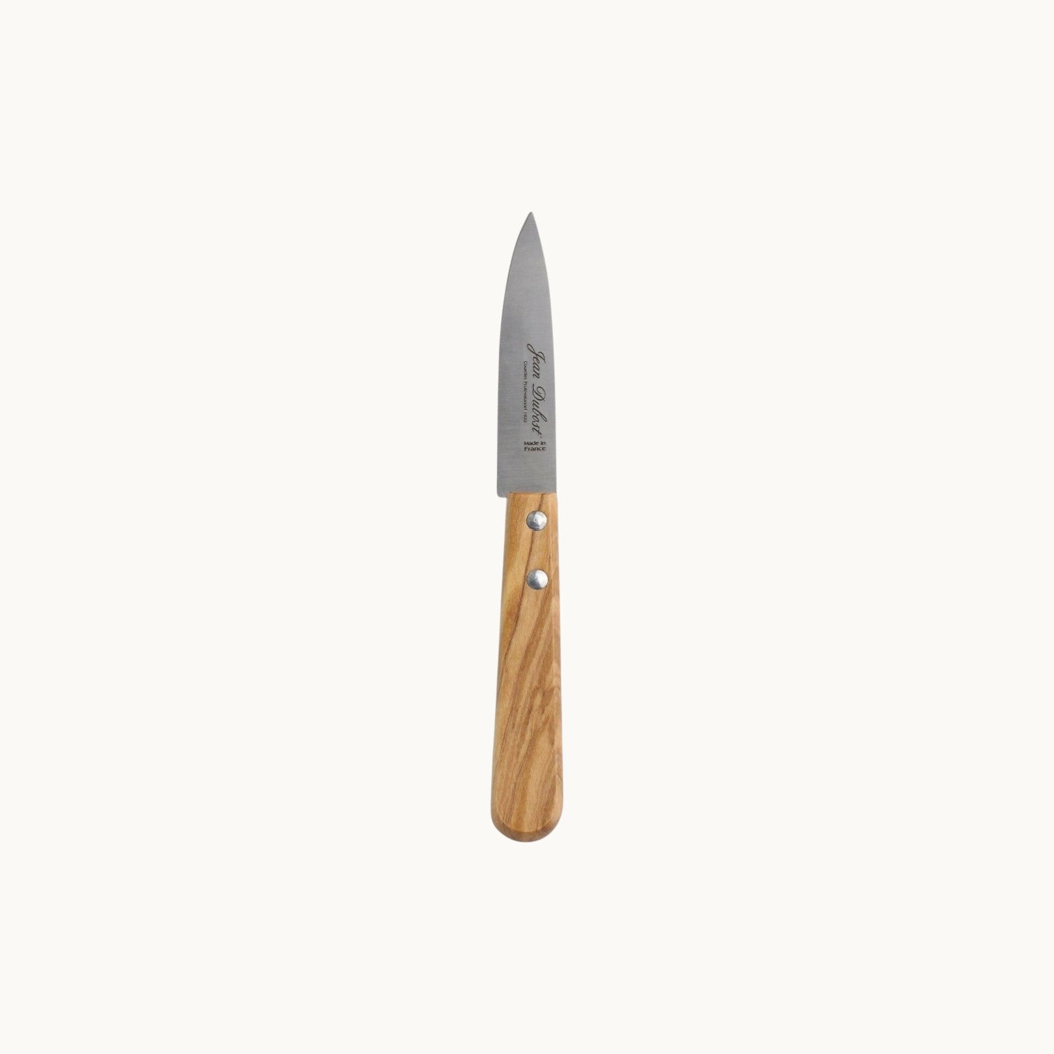 MANTRA LIVING Jean Dubost paring knife featuring a natural olive wood handle and stainless steel blade.