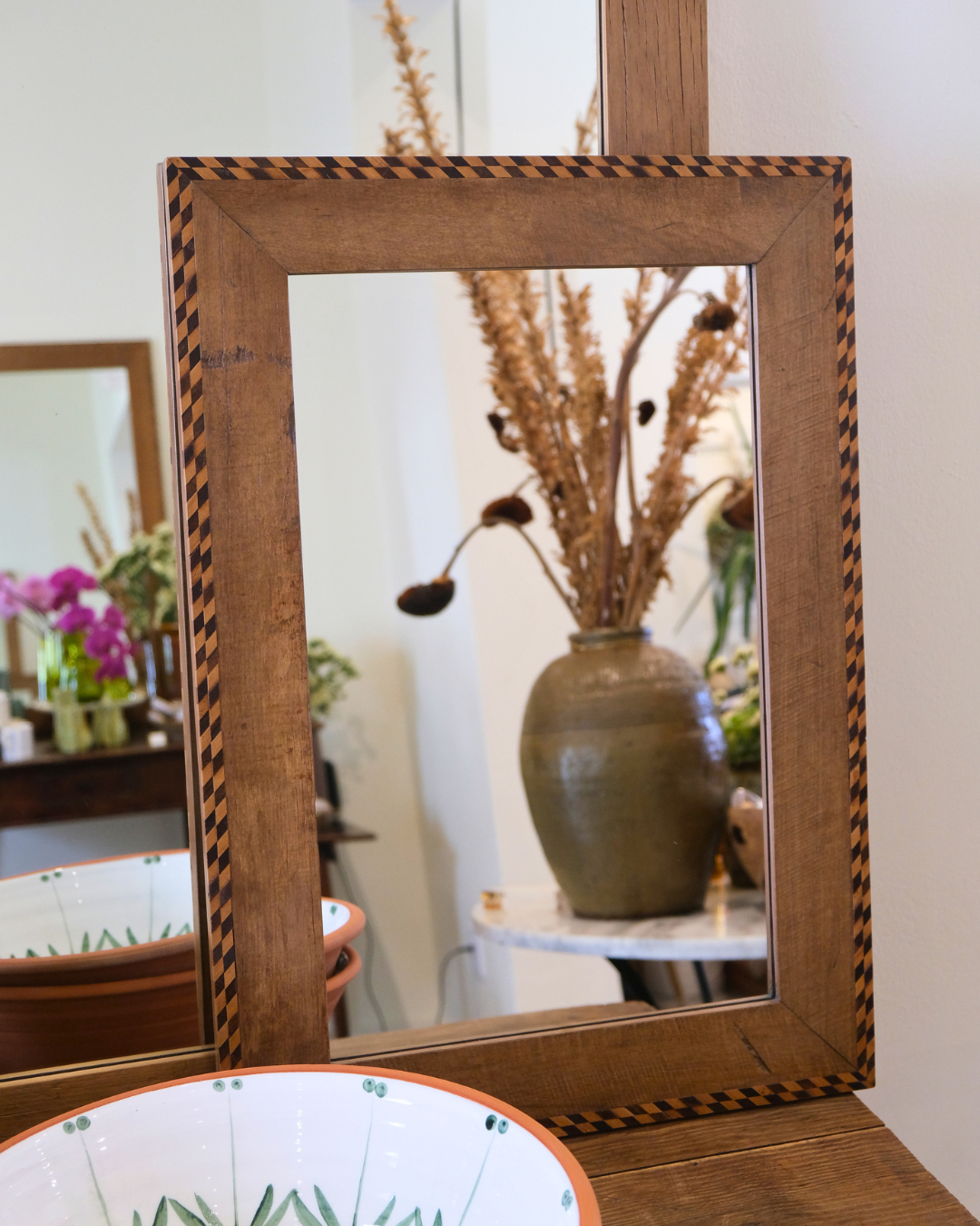 Allan Lutge Yellowwood Mirror Slanted Checkered Marquetry Border