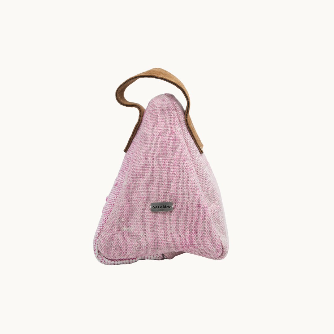 Blush pink Moroccan silk Salabim weighted door stop with a tan leather loop, front view #color_Blush