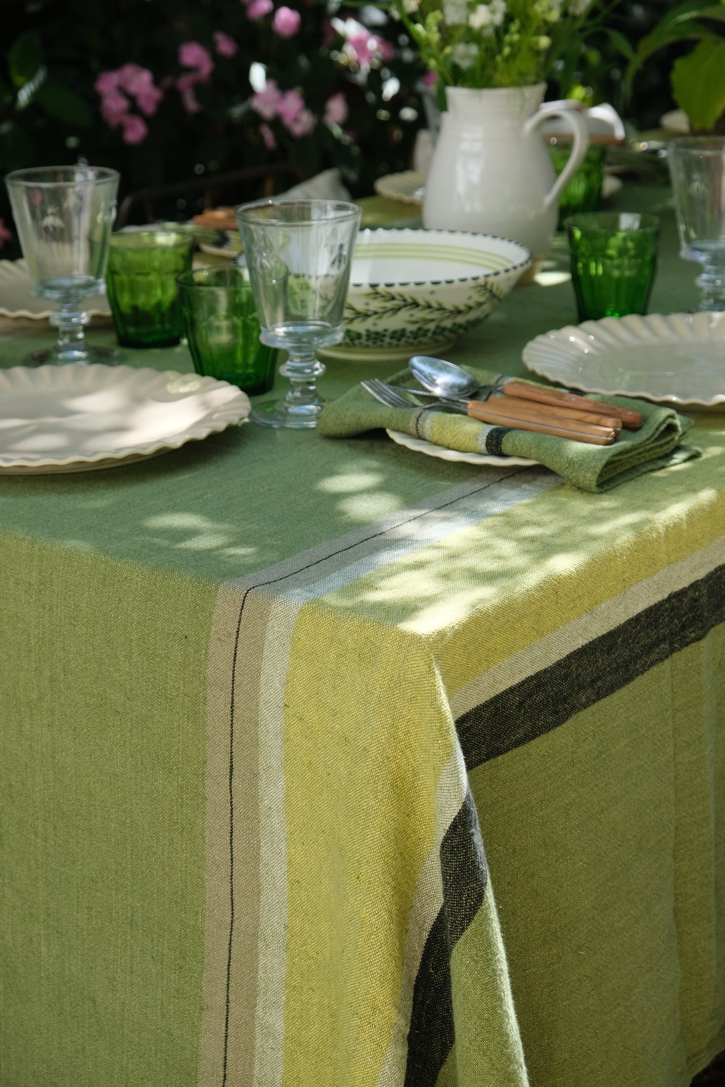 Verdant Stripe Linen Tablecloth