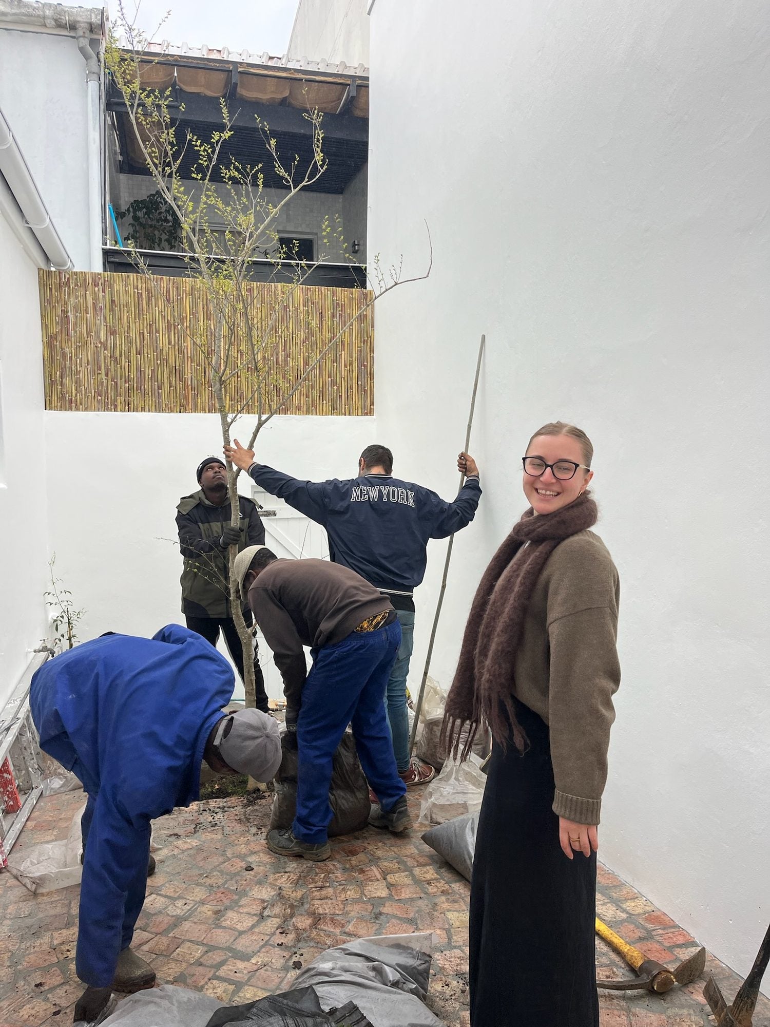 The team planting a young tree in the courtyard