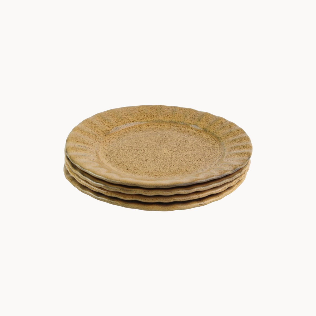 Mantra Living Daisy side plates in Kalahari, stacked to show the scalloped rim and warm tan glaze. #Color_Kalahari