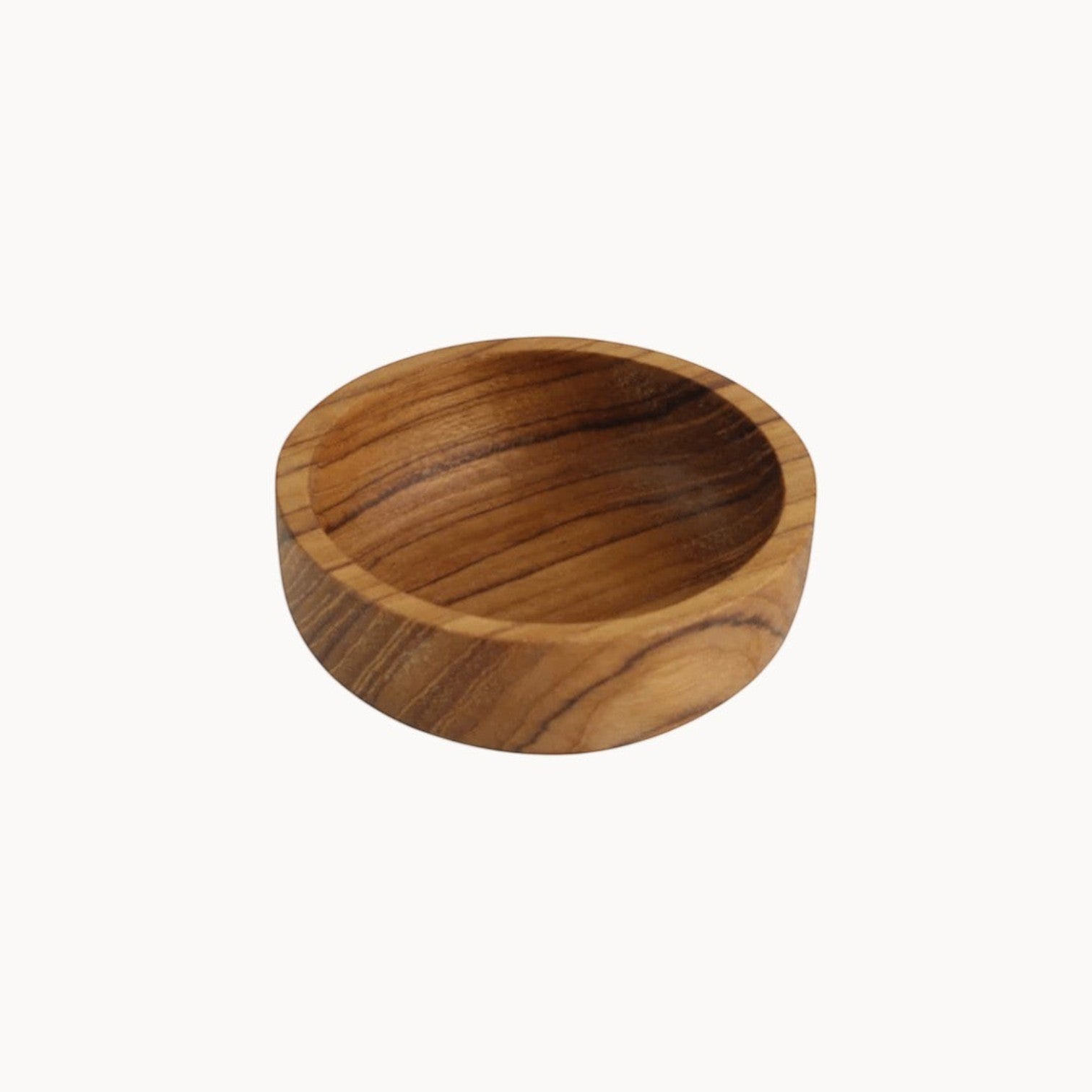 Mantra Living teak salt pinch pot in the large size, solid teak with a low, wide mouth, seen from above. #Size_Large