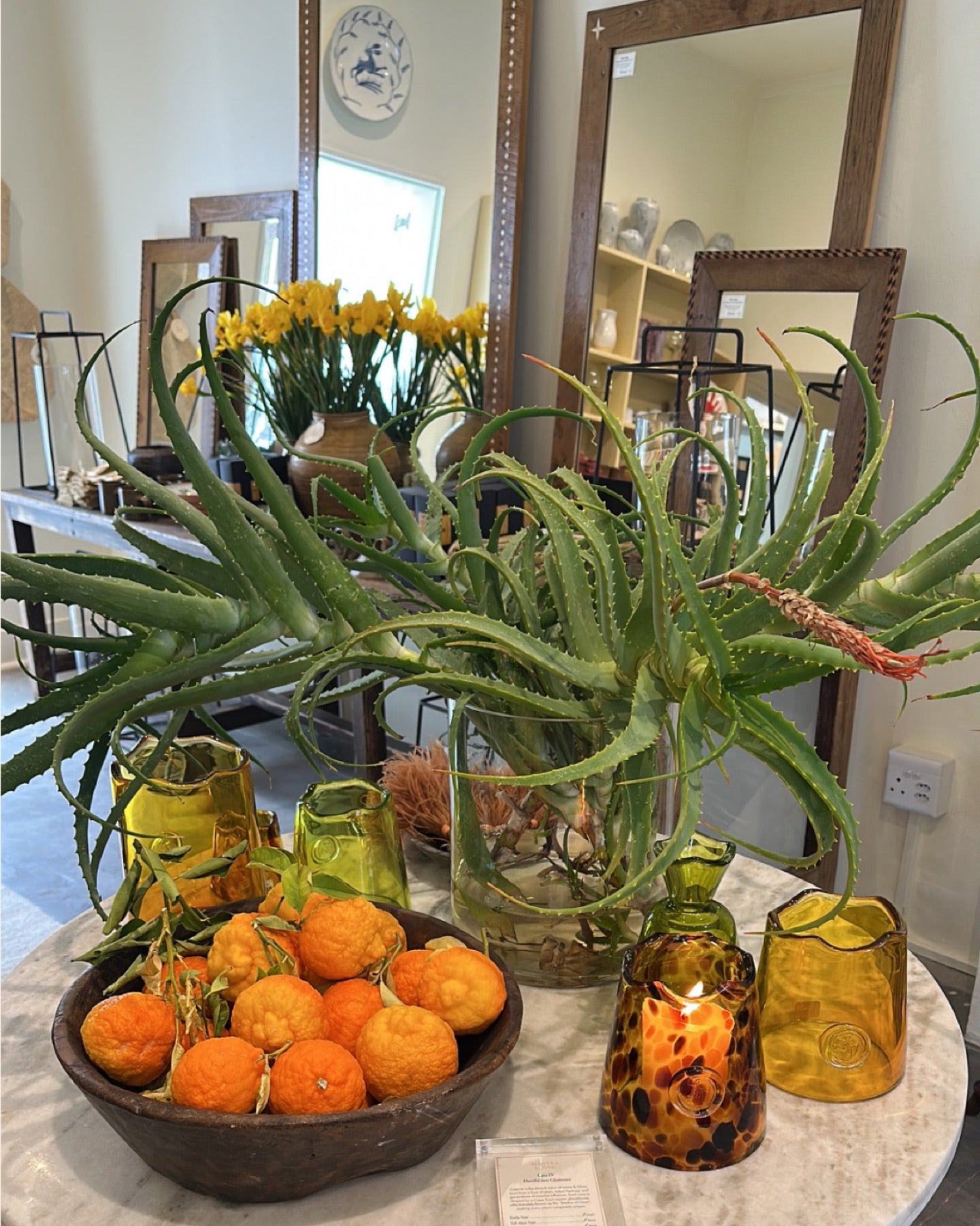 Aloes oranges and amber glass on the round table